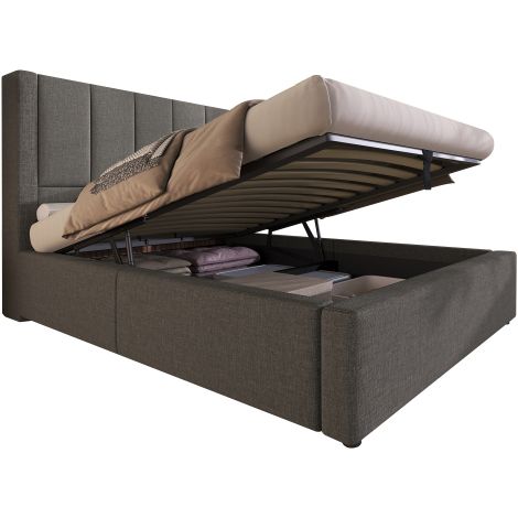 Polsterbett  Einzelbett mit verstecktem Becherhalter & Ladestation, Hydraulisches Bett mit Stauraum unter dem Bett, Inkl. Lattenrost, Leinen (Ohne Matratze)