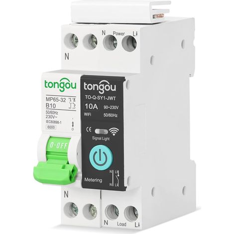 WiFi Circuit Breaker Switch - Smart WiFi DIN Rail Energy Meter Relay Type Circuit Breaker Connected Switch with Wattmeter Smart Life Tuya WiFi Remote Switch, 10A