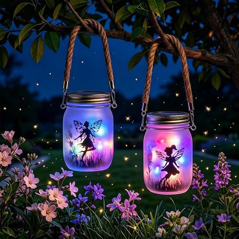 Lot de 2 Lanternes Solaires LED Extérieures Fée, IP65 Étanche Lampe Solaire de Jardin Mason Jar, Lumiere Solaire Exterieur Suspendue pour Patio Terrasse Pelouse Balcon Décoration (Coloré) (1/5)