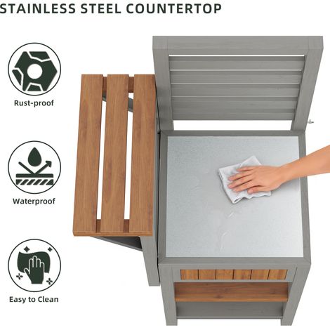 Armoire de cuisine en bois, résistante à l’humidité – Armoire pour le rangement des ustensiles, avec une surface de travail en acier inoxydable et un plan de stockage double. (1/5)