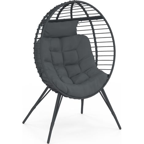 Poltrona Egg con base traforata effetto rattan grigio e cuscino grigio