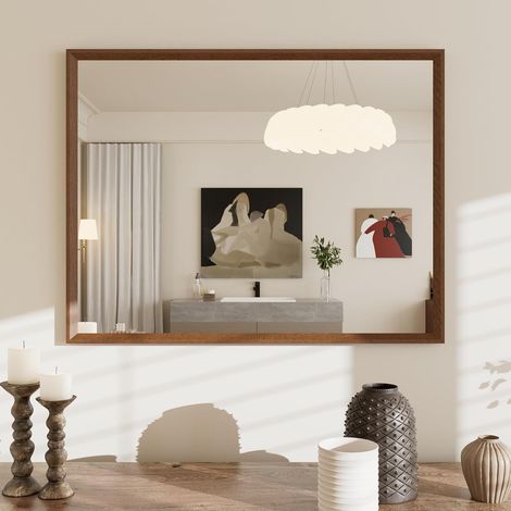 Miroir Mural 70x90cm, Marron Effet Bois, Rectangulaire, Verre Trempé (1/5)
