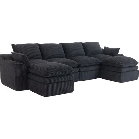 Sofá modular de 4 plazas de corduroy negro con 2 pufs, cojines y bolsillos laterales (1/5)