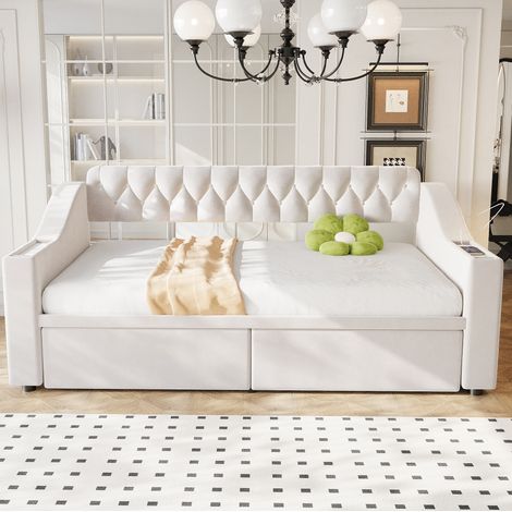 Bett Schlafsofa Stauraum 90x190 Samt Beige OKMYHOME (1/5)