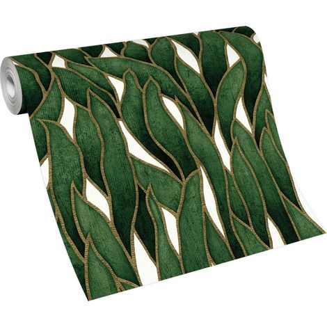 Papier peint feuille vert & doré moderne | Tapisserie verte & or motif feuille tendance | Papier peint intissé salon & chambre adulte (1/5)