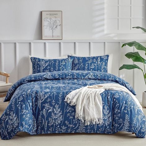 Ensemble de literie King-Size 230x220 cm avec motif floral, bleu marine, microfibre