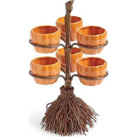 Bols citrouille en résine sur balai de sorcière - Présentoir à bols à goûter citrouille d'Halloween - Décorations et articles de fête d'Halloween (1/5)