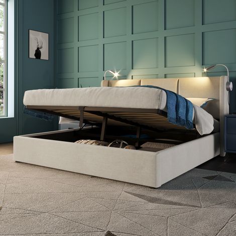 Lit rembourré Lit double Rangement Boîte de rangement Lumière de lecture avec fonction de charge USB Tête de lit, lits de rangement Cadre de lit en lin Lit pour jeunes 160x200 avec base à lattes (avec (1/5)