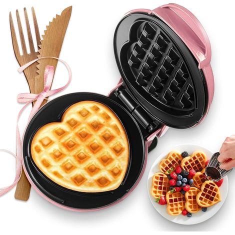 Mini Gaufrier En Forme De Cœur, Petit Appareil À Gaufres Antiadhésif 10 Cm, 350W Chauffage Rapide, Gaufrier Compact Et Portable Pour Enfants Famille Et Célibataires, Rose (1/5)