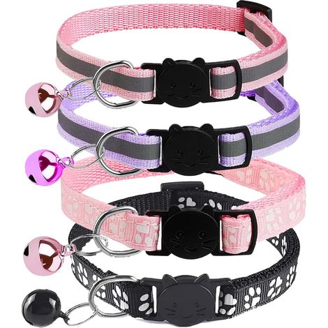 Colliers Chat Réfléchissant 4 pièces,Collier Chaton Anti Étranglement et Cloche Collier Chat Anti Étranglement Chatons Chiots Réglable Réfléchissant avec Clochette et Boucle de Sécurité (1/5)