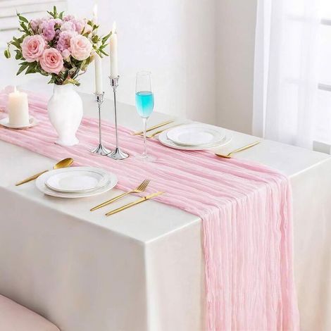Runner da tavola in tulle rosa, 90 x 400 cm, tulle semitrasparente, stile bohémien, ideale per matrimoni e ricevimenti. (1/5)