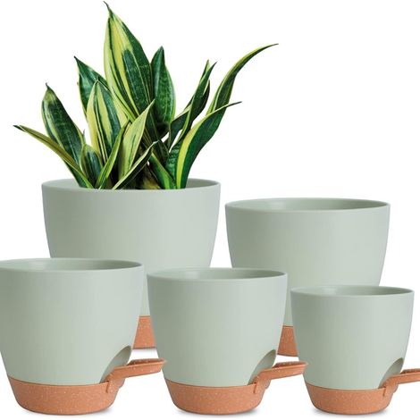 Macetas de autorriego de 7/6-5/6/5-5/5 pulgadas - Paquete de 5 macetas de plástico con drenaje y plato - macetas de plástico - macetas para plantas de interior y jardín (verdes) (1/5)
