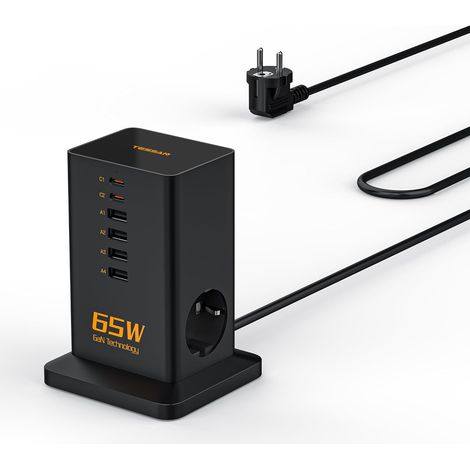 Bloc Chargeur USB C Multiple, PD 65W Chargeur Rapide GaN avec 6 Ports (4 A et 2 C) et 2 Prises, Prise USB Secteur, Station de Charge avec câble 2m pour Le Bureau et Les Voyages (1/5)