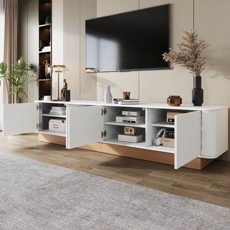 REDOM Mueble TV 200x40x47.5 cm, 4 puertas, estantes ajustables, pasacables, esquinas redondeadas, MDF blanco (1/5)