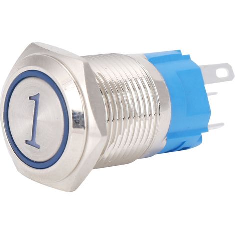 Lot de 2 boutons-poussoirs momentanés de 16 mm avec réinitialisation, boîtier plat rond à 5 broches, LED et affichage numérique bleu (3-6 V CC). (1/5)