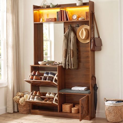 Vestiaire d'entrée H 180 cm porte manteau avec LED réglable par application, miroir, banc rembourré, MDF noyer (1/5)