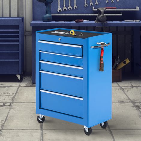 Armoire à outils, caisson à outils, 5 tiroirs, sur roulettes, acier, bleu (1/5)