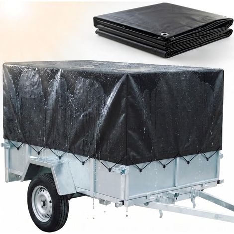 Bâche de remorque - 210 x 114 x 90 cm - Avec œillets - Corde de 7,5 m - Imperméable - Matériau PVC 600D - Bâche indéchirable pour remorque de voiture jusqu'à 750 kg (1/5)