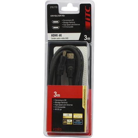 Cordon hdmi 2.0 4k perfom 3m longueur 3m - male/male Itc 307881 (1/2)