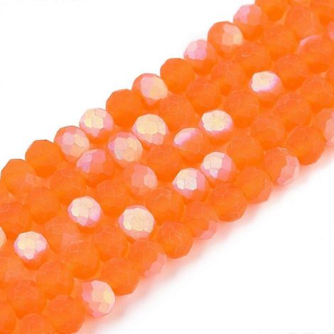 Perles de verre transparentes à facettes, dépolies, plaquées AB, couleur orange foncé, 4 x 3,5 mm, trou : 1 mm, 105 à 110 perles par rang, 38 à 39 cm (1/3)