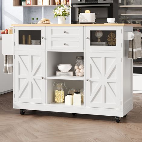 Îlot de cuisine 140/70/93,5 cm blanc avec plateau rabattable, roulettes et rangements (1/5)