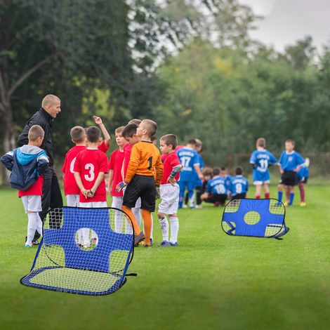 Porte da calcio, porta a scomparsa, rete da calcio portatile, set di 2 mini porte, mobile con borsa per il trasporto, pieghevole, blu, 123 x 80 x 80 cm (1/5)