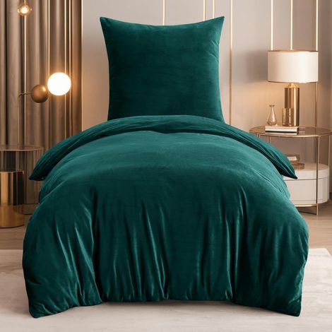 Bettwäsche-Set 155x220cm 2-teilig Grün Flanell Kuschelig Warm mit Reißverschluss