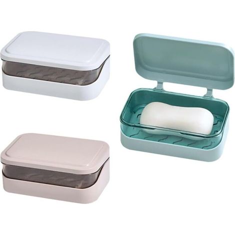 Lot de 3 porte-savons en plastique, étui à savon de voyage avec couvercle et égouttoir amovible, boîte à savon portable pour salle de bain, douche, maison, camping (1/4)