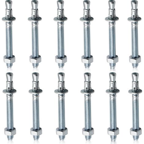 Goujon d'Ancrage M10 x 100 mm - Lot de 12 - Acier Galvanisé - Fixation Lourde Béton - Maçonnerie et Pierre - Argent (1/5)