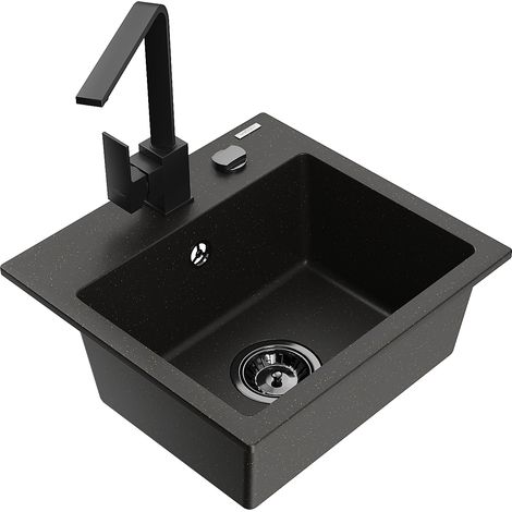 Mexen Milo 1-Becken-Granit-Spüle mit Mischbatterie Rita, Schwarz/Gold metallisch - 6505-75-670300-70