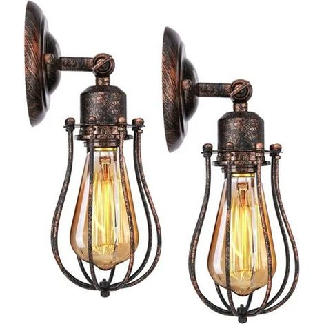 Lot de 2 appliques murales industrielles en métal fer E27, style rétro vintage, pour maison de champagne, café, loft, cuisine, salon et chambre d'hôtel, finition rouille. (1/5)