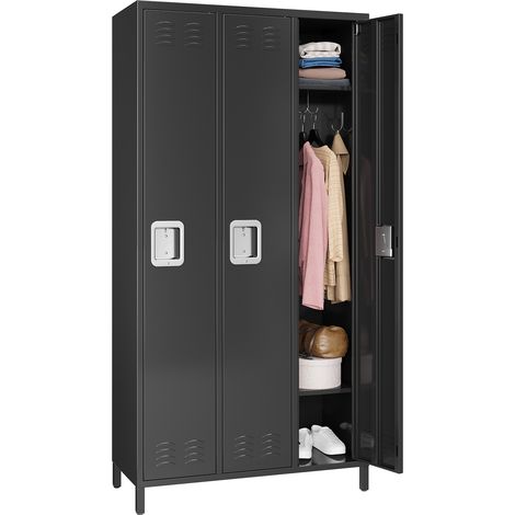Vestiaire métallique 3 portes verrouillable - armoire de rangement 72" avec serrures de sécurité, 2 étagères + 2 crochets, acier robuste anti-rouille pour bureau/école/gym - Noir (1/5)