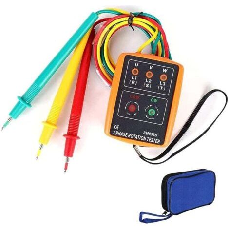 Testeur de commande rotative triphasé AC 60V/600V, SM-852B, équipé de pinces crocodiles, d'un affichage LED et d'un testeur de buzzer.