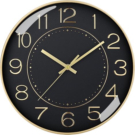 Horloge Murale Ronde - 25,4 cm - Mouvement Quartz Silencieux Sans Tic-Tac - Pour Salon Cuisine Bureau Chambre - Noir Doré (1/5)