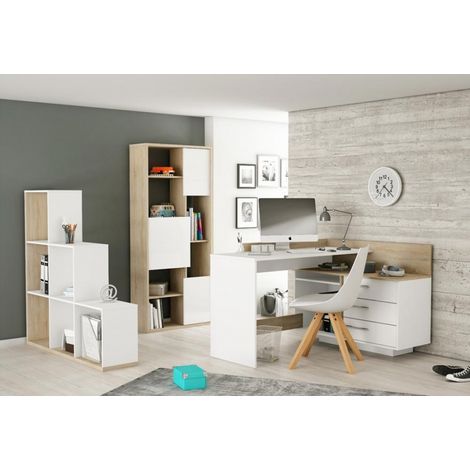 Befara – Bureau d'angle avec tiroirs en mélamine – Dimensions 128,8 x 105,7 x 83,2 cm – Bicolore chêne et blanc – Étagère ajustable