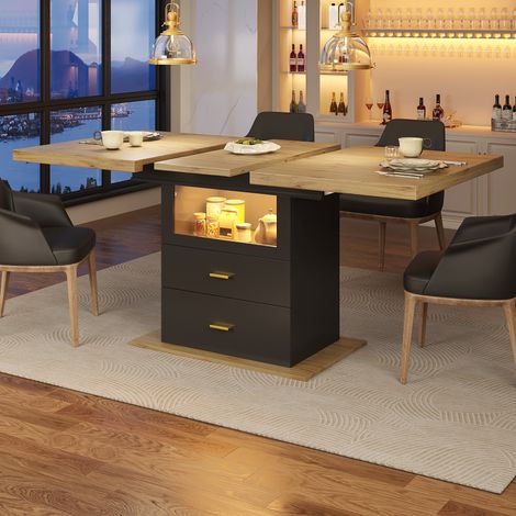 Table à manger extensible 110-140x80x75 cm, éclairage LED, rangement avec porte vitrée et 2 tiroirs, 4-6 personnes, MDF, noir et effet bois (1/5)