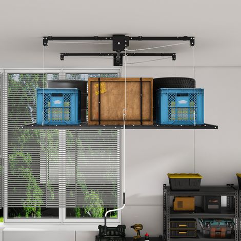 Dewalt –Hängelager für Garage mit Kurbelsystem, 1.2x2.4m Stahl-Deckenregal für hohe Räume von 3 bis 3.6m, mit 136kg Tragkraft, manueller Sicherheitsverriegelung als Schwerlast-Organizer – Montage erfo (1/5)