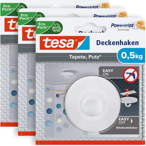 Lot de 3 paquets tesa Crochet de plafond – crochet auto-adhésif – fixation d'objets décoratifs – supporte jusqu'à 0, 5 kg/crochet – s'enlève sans laisser de traces, tesa 77781, Blanc (1/5)