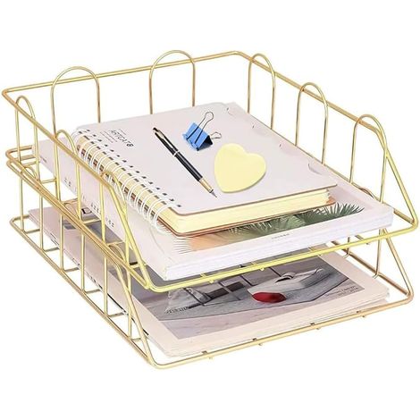 Set mit 2 stapelbaren goldenen A4-Briefablagen, Metall-Briefkörbe für Büro und Zuhause