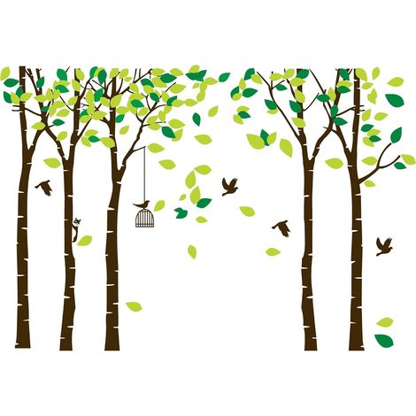 Adesivi murali giganti 104"x71" con 5 alberi della giungla, foglie verdi e uccelli in volo, carta da parati, decorazioni murali fai da te in vinile per cameretta dei bambini, soggiorno, cameretta dei (1/5)
