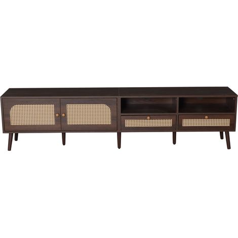 Meuble TV avec 2 portes en rotin et 2 tiroirs, 200 x 37 x 49,5 cm, pour téléviseur jusqu'à 80 pouces, couleur brun foncé (1/5)