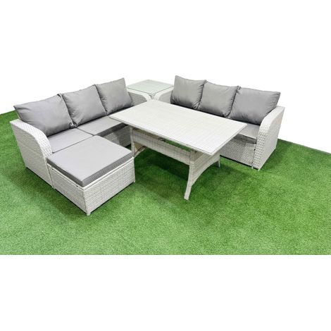 Fimous Outdoor Garden Furniture Sets 7 Seater Wicker Rattan Furniture Sofa Sets with Rectangular Dining Table high Back Lounge Sofa Big Footstool Side Table Light Grey (1/4)
