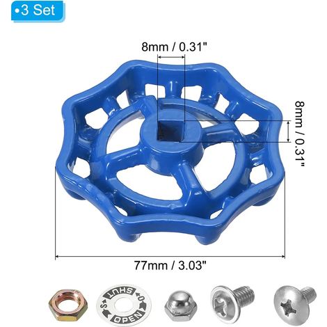 Poignée de robinet extérieur, tige carrée, trou de 8 x 8 mm, poignées de robinet rondes en acier moulé, poignée de remplacement avec entretoise à vis, bleue, lot de 3 (1/4)