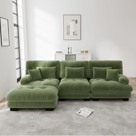 Canapé modulaire d’angle 313x145x81 cm vert en chenille avec ottomans mobiles et assise profonde (1/5)