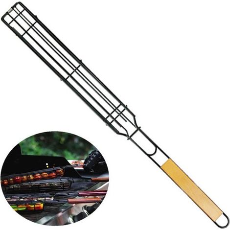 Panier de barbecue 49 x 5 x 4 cm, grille de cuisson pour barbecue, accessoire pratique pour griller les aliments, noir et couleur bois (1/5)