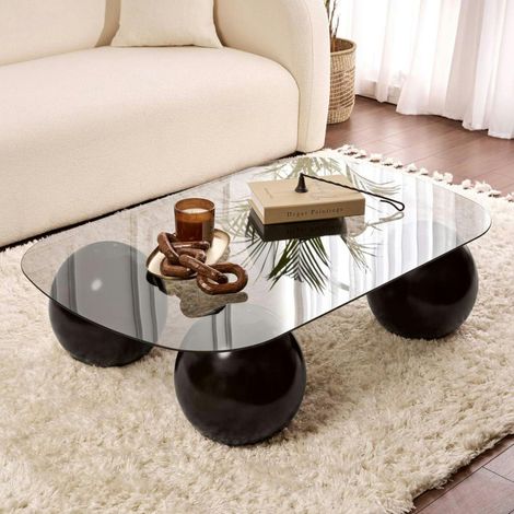Table basse verre gris bords arrondis - 4 pieds noirs KOCHI (1/5)