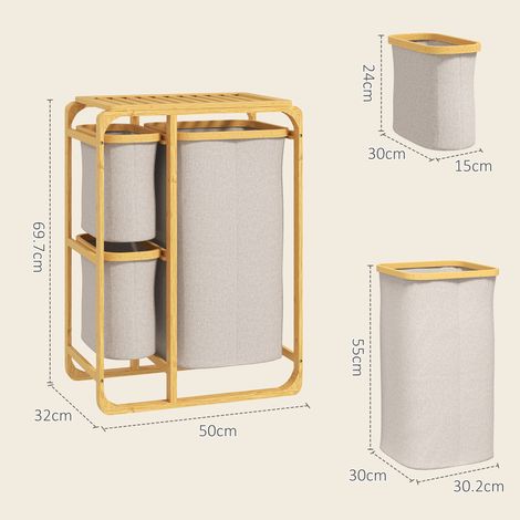Panier à linge en bambou (avec 3 sacs à linge et une étagère en tissu), 50 x 32 x 69,7 cm, bambou et couleur crème (1/5)