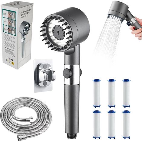 Cabezal de ducha de alta presión, ahorrador de agua con manguera de 2 m y soporte, antical con 3 modos de chorro y 1 boquilla, ajustable con filtro. (1/5)