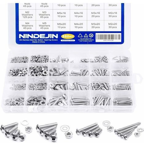 880 PCS Assortiment Vis Inox M2 M3 M4 M5 Métrique à Tête Ronde et Plate Boulon à Douille Hexagonale, Écrous Ronds, Rondelles Métal, Clé à Vis