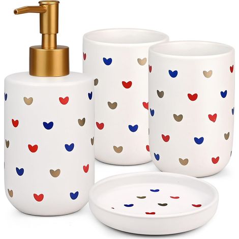 Ensemble d'accessoires de salle de bain 4 pièces en céramique de luxe en forme de cœur avec porte-brosse à dents, gobelet + distributeur de savon liquide ou de lotion - Décoration de salle de bain (1/5)
